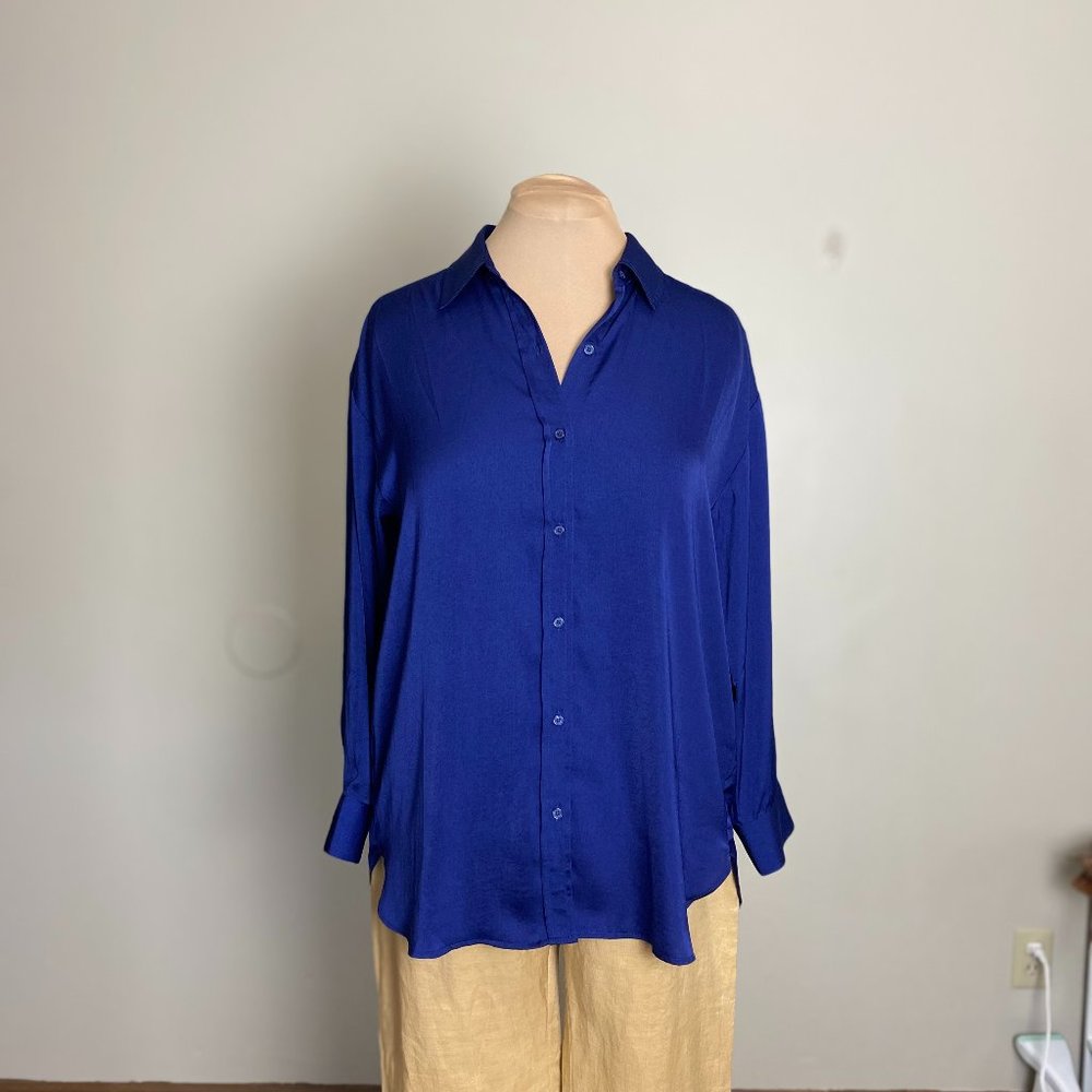 NWT Banana Republic Factor Silky Oversized Shirt In Preppy Navy Size Medium